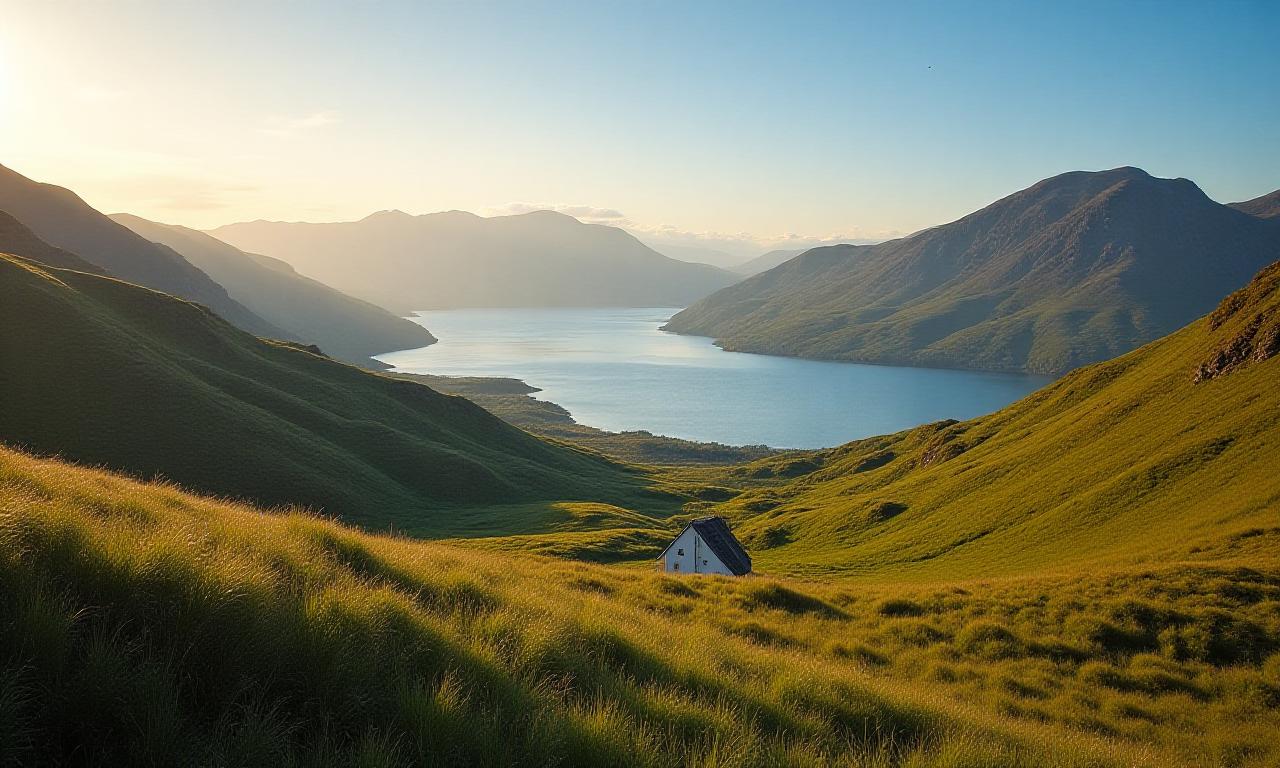 Golden sunlight over the rolling hills of the A861 corridor