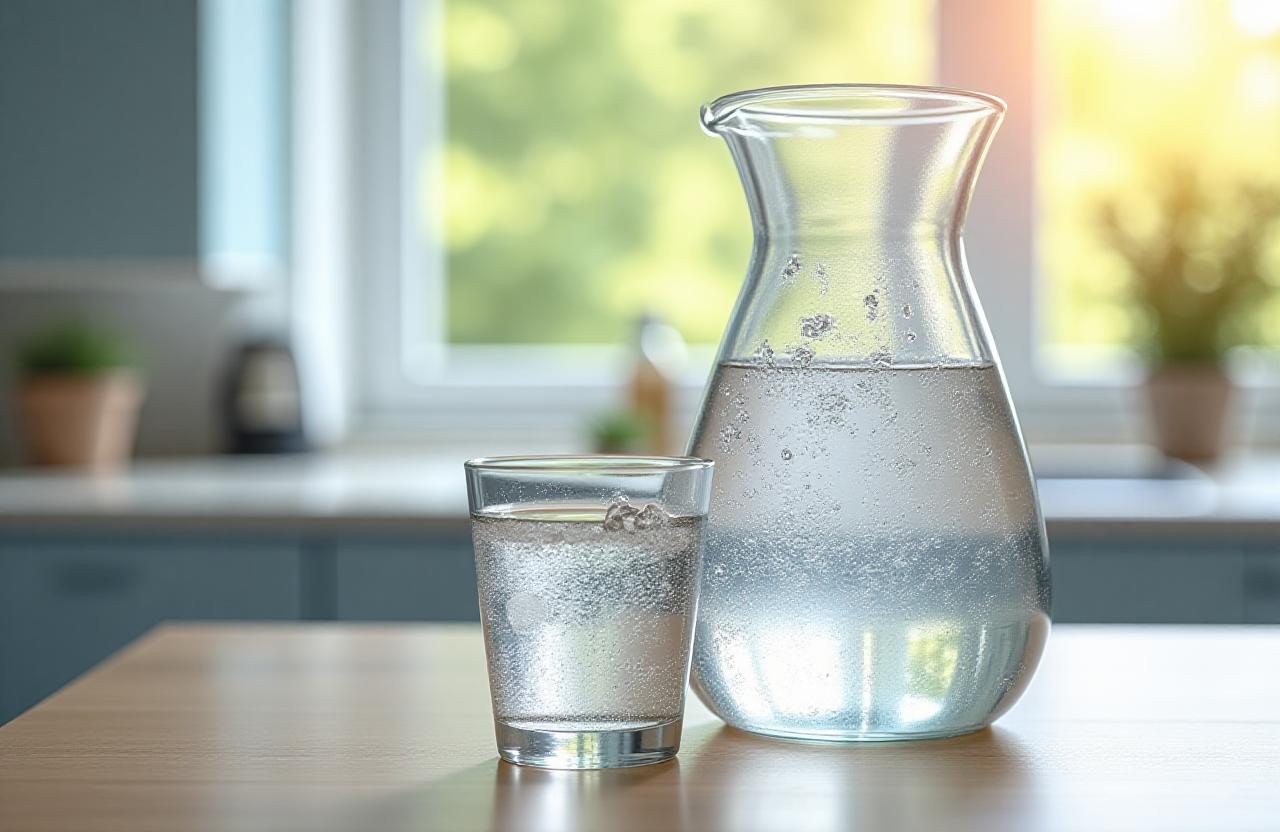 Refreshing glass of mineral water on a sunlit wooden table