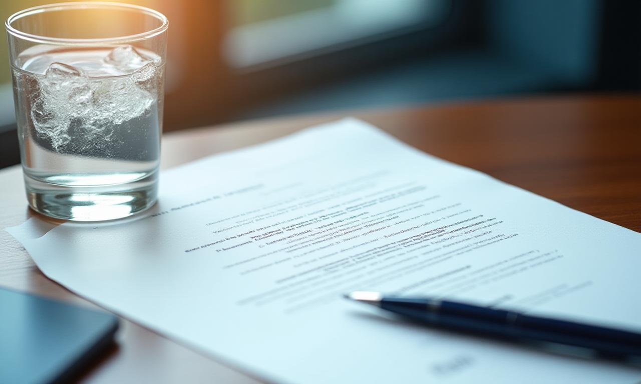 Legal documents and clean water glass on a desk